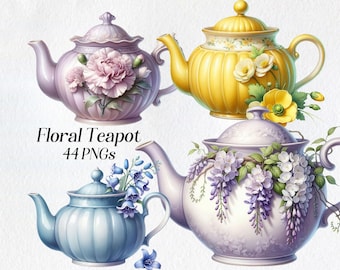 Floral Teapot Clipart: Vintage Tea Party PNG Graphics (Digital Download)
