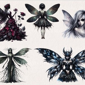 May include: Watercolor illustrations of fantasy fairies with dark wings and attire. The fairies are depicted in various poses, with detailed wings and dresses in shades of black, gray, and burgundy. Some hold roses, while others have intricate headpieces.