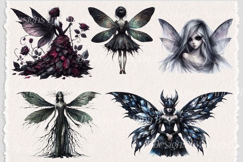 May include: Watercolor illustrations of fantasy fairies with dark wings and attire. The fairies are depicted in various poses, with detailed wings and dresses in shades of black, gray, and burgundy. Some hold roses, while others have intricate headpieces.
