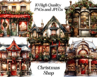 Watercolor Christmas Storefront Clipart: Festive Shop Graphics (JPEG, PNG)