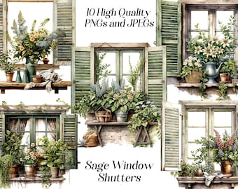 May include: A set of 10 high-quality PNG and JPEG images featuring sage green window shutters with various floral arrangements and potted plants. The images are perfect for digital scrapbooking, crafting, and other creative projects.