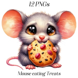 Aquarel muis eten traktaties clipart, 12 png-bestanden, schattige muis, babymuizen, schattige dieren eten, kinderkamerkunst, afdrukbare afbeeldingen, afbeeldingen
