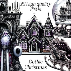 Aquarel gotische kerst clipart, 22 hoge kwaliteit png-bestanden, zwarte kerstafbeeldingen, feestelijke clipart, wintervakanties, afdrukbare afbeeldingen
