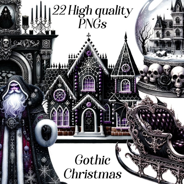 Watercolor Gothic Weihnachtscliparts, 22 hochwertige PNG Dateien, schwarze Weihnachtscliparts, festliche Cliparts, Winterferien, druckbare Grafiken