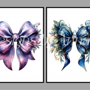 May include: Two watercolor illustrations of bows with floral accents. The first bow is purple and pink with a white background. The second bow is blue with gold accents and a white background.