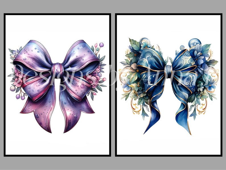 May include: Two watercolor illustrations of bows with floral accents. The first bow is purple and pink with a white background. The second bow is blue with gold accents and a white background.