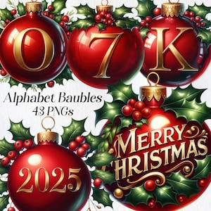 Clipart boules de l'alphabet de Noël, clipart ornements aquarelle, lettres, typographie, lettrage, chiffres, joyeux Noël, boules festives