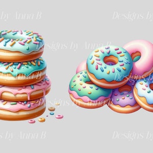 Puede incluir: Una pila de cuatro donuts coloridos con chispas y glaseado, y una pila de seis donuts con glaseado y chispas de diferentes colores.