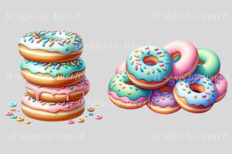 Puede incluir: Una pila de cuatro donuts coloridos con chispas y glaseado, y una pila de seis donuts con glaseado y chispas de diferentes colores.