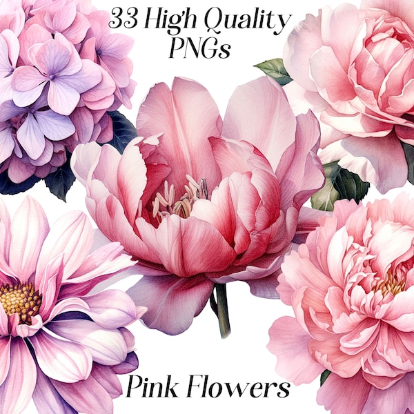 Watercolor pink flowers clipart, 33 High quality PNG files, wedding, scrapbooking, junk journal, digital planner, floral graphics