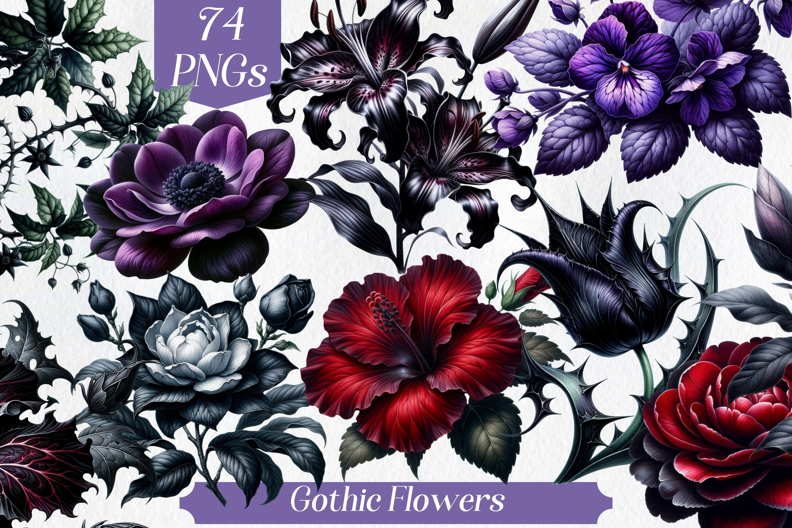 Gothic Flowers clipart, goth aesthetics, gothic bouquet, watercolor flowers, botanical art, printable images, spooky flowers, iris, tulip