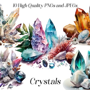 Clipart de cristaux aquarelle, 10 fichiers JPEG et PNG de haute qualité, pierres précieuses, clipart quartz, clipart spirituel, clipart sorcière