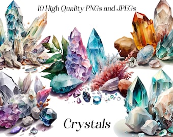 May include: A digital illustration of 10 watercolor crystals in various shapes and colors, including blue, purple, green, and orange. The crystals are arranged in a cluster on a white background. The text "10 High Quality PNGs and JPEGs" and "Crystals" are also included in the image.