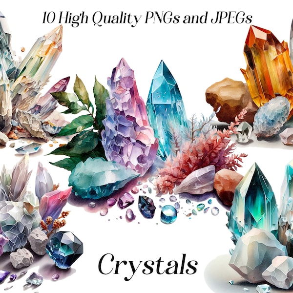 Watercolor crystals clipart, 10 High Quality JPEG and PNG files, gemstones, quartz clipart, spiritual clipart, witch clipart