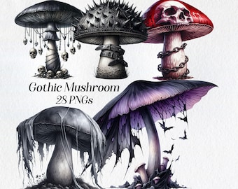 Gothic Mushroom Clipart: Dark Fantasy Watercolor PNG Images (Digital Download)