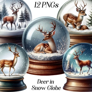 Cerf aquarelle dans une boule à neige clipart, clipart cerf de Noël, png, animaux à l'intérieur d'une boule à neige, décoration de Noël, illustration de cerf, imprimable