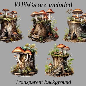 May include: Ten digital images of mushroom clusters growing on tree stumps. The mushrooms are brown and white with red accents. The tree stumps are brown and have a rough texture. The background is a light gray.