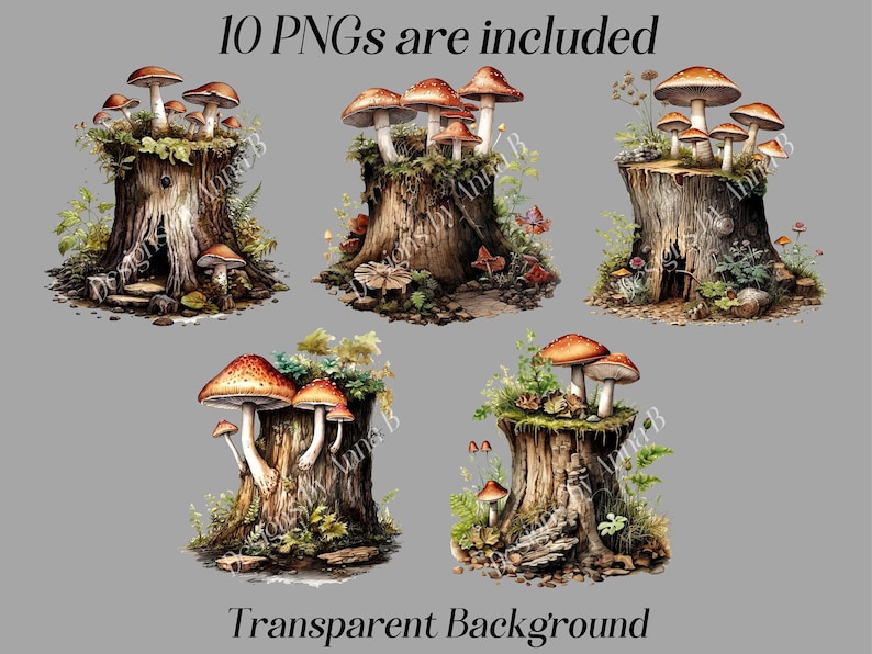 May include: Ten digital images of mushroom clusters growing on tree stumps. The mushrooms are brown and white with red accents. The tree stumps are brown and have a rough texture. The background is a light gray.