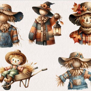 Pu&ograve; includere: Cinque diverse illustrazioni di spaventapasseri con vari dettagli autunnali. Gli spaventapasseri indossano cappelli, camicie e salopette. Alcuni tengono lanterne e altri sono seduti su un carretto.
