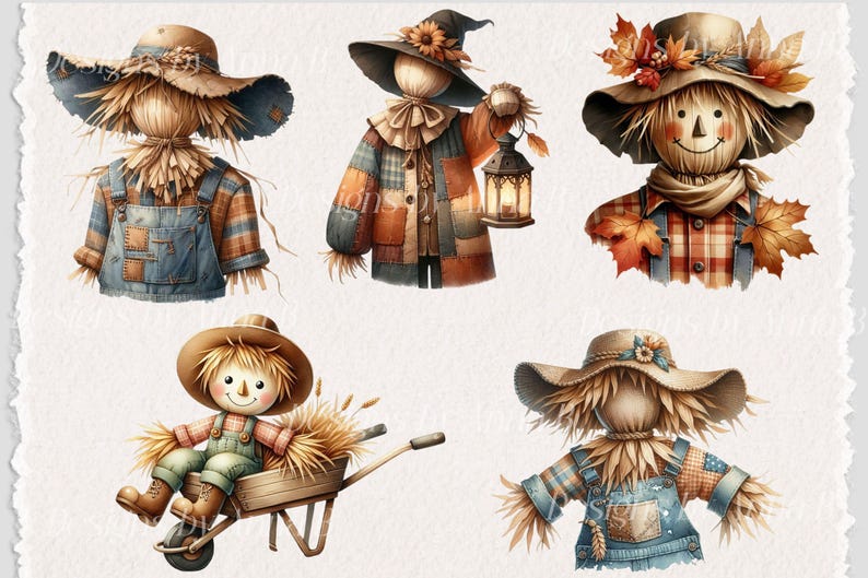 Pu&ograve; includere: Cinque diverse illustrazioni di spaventapasseri con vari dettagli autunnali. Gli spaventapasseri indossano cappelli, camicie e salopette. Alcuni tengono lanterne e altri sono seduti su un carretto.