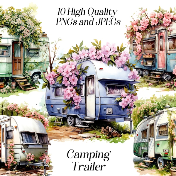 Watercolor Camping trailer clipart, 10 high quality JPEG and PNG files, summer camping, travel clipart, camp life, printables, scrapbooking