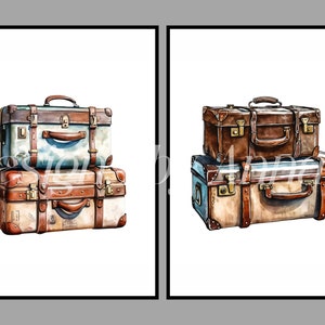 May include: Two vintage suitcases stacked on top of each other. The top suitcase is brown leather with brass accents. The bottom suitcase is a light blue and brown color with a worn leather look.