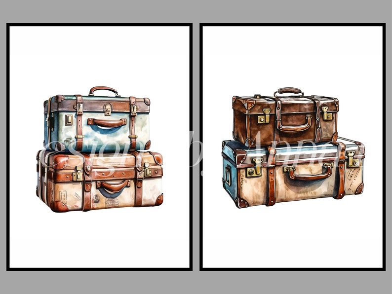 May include: Two vintage suitcases stacked on top of each other. The top suitcase is brown leather with brass accents. The bottom suitcase is a light blue and brown color with a worn leather look.