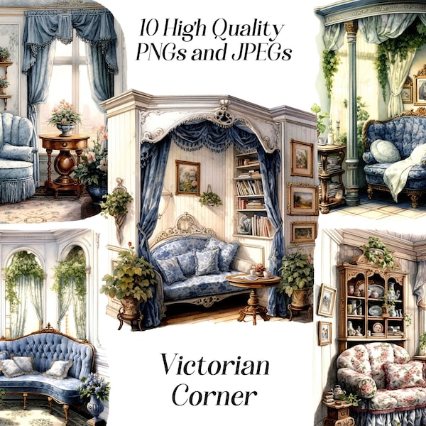 Watercolor victorian room clipart, 10 high quality JPEG and PNG files, victorian interior, cozy reading corner, printable graphics