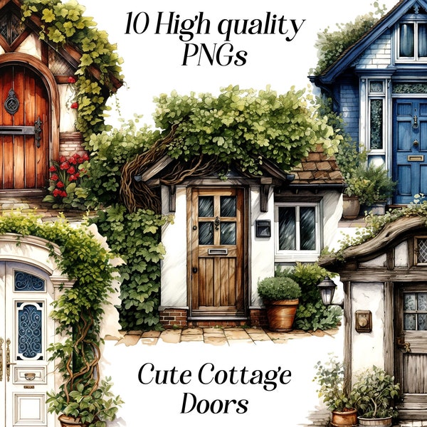 Watercolor Cottage Doors clipart, 10 high quality PNG files, cottagecore, countryside house, cute door illustration, printables