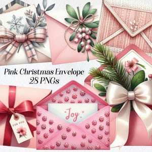 Kerstenvelop clipart, roze mail illustraties, png, aquarel brief, feestelijke illustratie, xmas post, wintervakantie graphics, digitaal