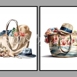 May include: Two illustrations of beach totes. The first tote is beige with brown straps and is filled with beach essentials like a straw hat, a blue and white striped towel, and a bottle of water. The second tote is beige with a floral pattern and a blue and white striped pattern. It is filled with a straw hat, a floral patterned scarf, and a blue and white striped towel.