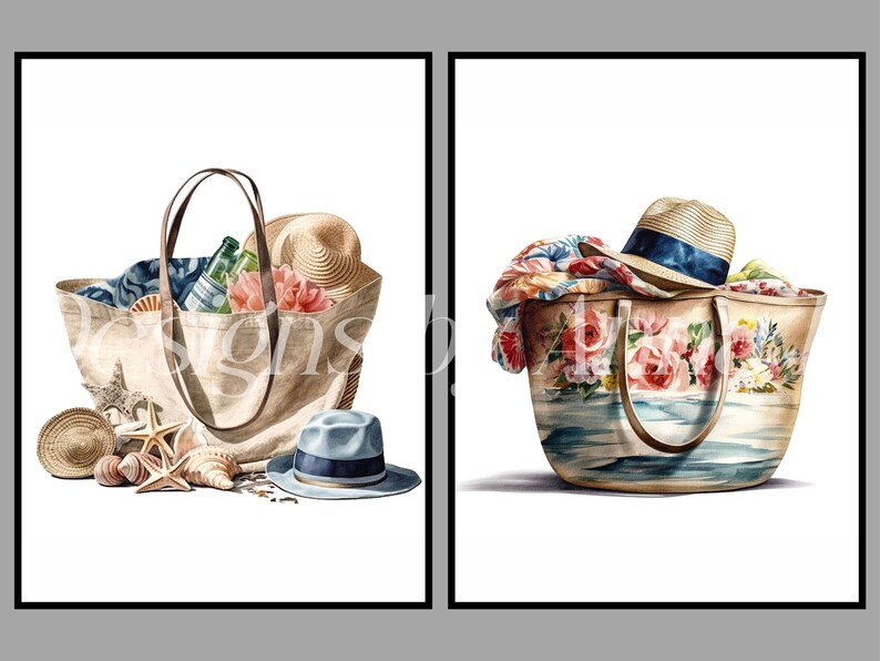 May include: Two illustrations of beach totes. The first tote is beige with brown straps and is filled with beach essentials like a straw hat, a blue and white striped towel, and a bottle of water. The second tote is beige with a floral pattern and a blue and white striped pattern. It is filled with a straw hat, a floral patterned scarf, and a blue and white striped towel.