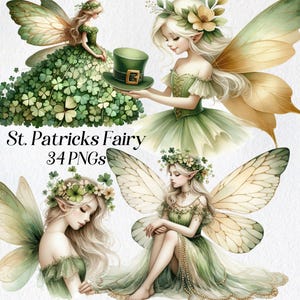 St patricks Fee Clipart, Aquarell Kleeblatt Fee Clip Art, png, irischer Feiertag, Kleeblatt, süße Fee, Schmetterling Mädchen, Fantasie, digital