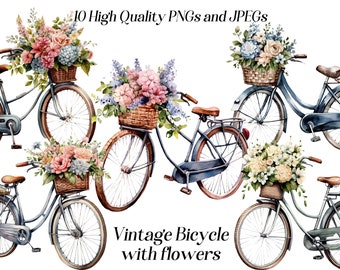 Watercolor Vintage Bicycle Clipart: Floral Bike Graphics (JPEG, PNG)