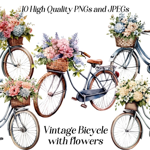 Watercolor vintage bicycle clipart, 10 high quality JPEG and PNG files, retro bike, bike with flowers, floral bicycle, printable graphics