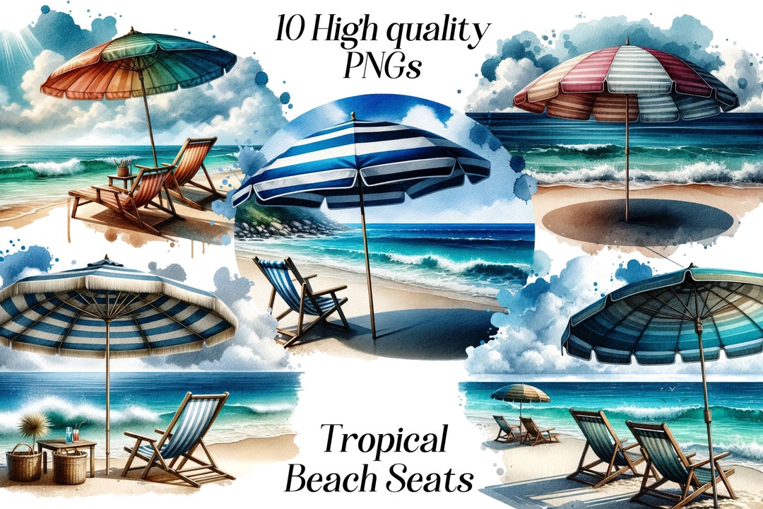 Tropical Beach Clipart, Watercolor Summer Vacation Clip Art, Png, Beach ...