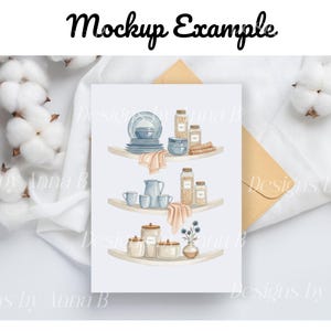 May include: A watercolor illustration of three shelves displaying kitchenware. The top shelf features blue plates, bowls, and jars. The middle shelf has a pitcher, cups, and jars. The bottom shelf holds jars and a vase. The text "Mockup Example" is at the top.