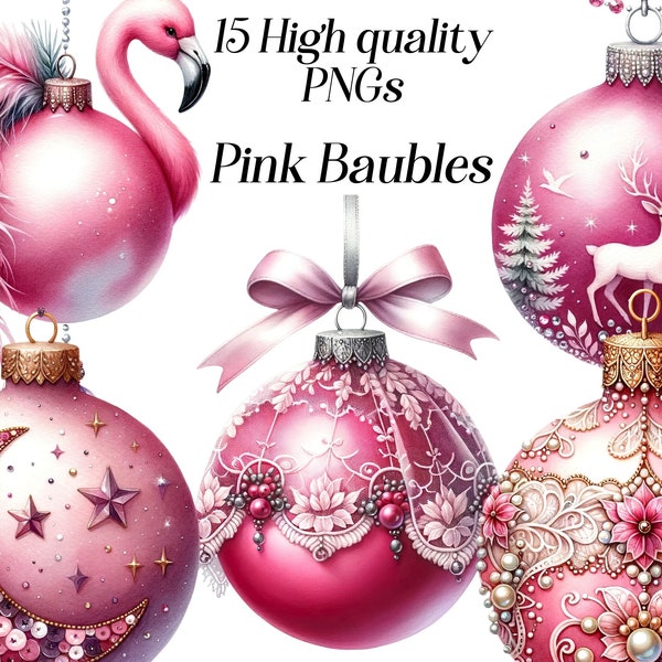 Watercolor Pink Baubles clipart, 15 high quality PNG files, christmas tree ornament illustration, festive clip art, printable graphics