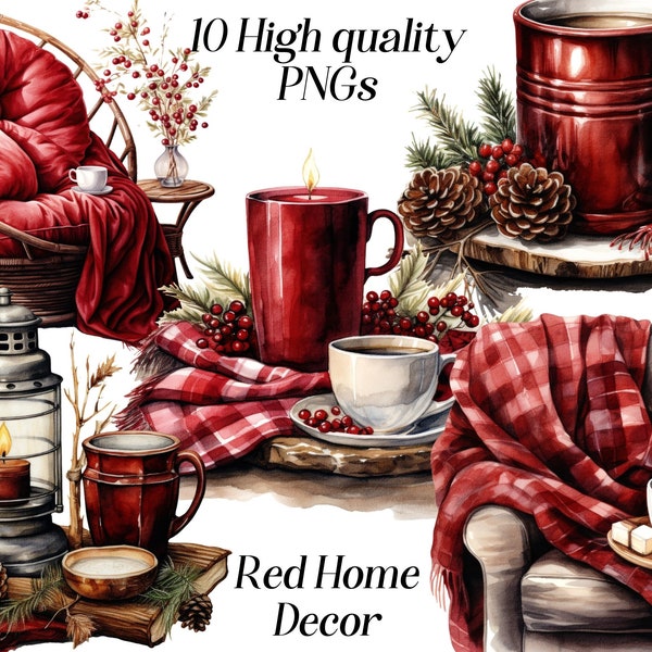 Watercolor Red Home Decor clipart, 10 high quality PNG files, interior decorations, plaid blankets, cozy home, hygge, christmas, printable