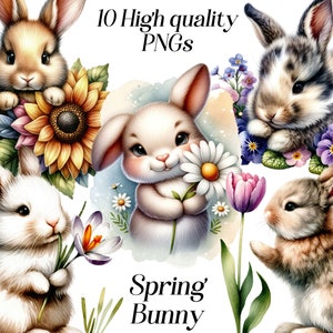 Cute Bunny clipart, 10 high quality PNG files, cute bunny images, rabbit with flowers, floral bunny graphics, printables