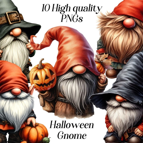 Watercolor Halloween Gnome clipart, 10 high quality PNG files, printable graphics, spooky halloween, fantasy clip art