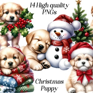 Clipart acquerello Natale cucciolo, 14 file PNG di alta qualità, grafica natalizia, immagini di cuccioli carini, feste invernali, stampabili