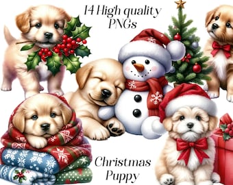Watercolor Christmas Puppy Clipart: Festive PNG Images (Digital Download)