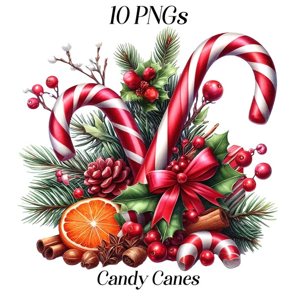 Clipart aquarelle de canne en bonbon, 10 fichiers PNG de haute qualité, clipart Noël, images festives, bonbons de Noël, bonbons et friandises