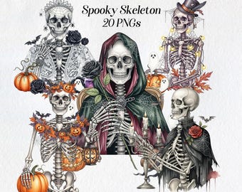 Watercolor Skeleton Halloween Clipart: Gothic PNG Images (Digital Download)