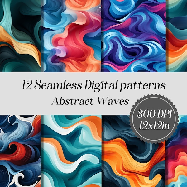 Abstract waves seamless digital pattern, 12 high quality digital paper pack, printable paper, colourful background, repeat pattern
