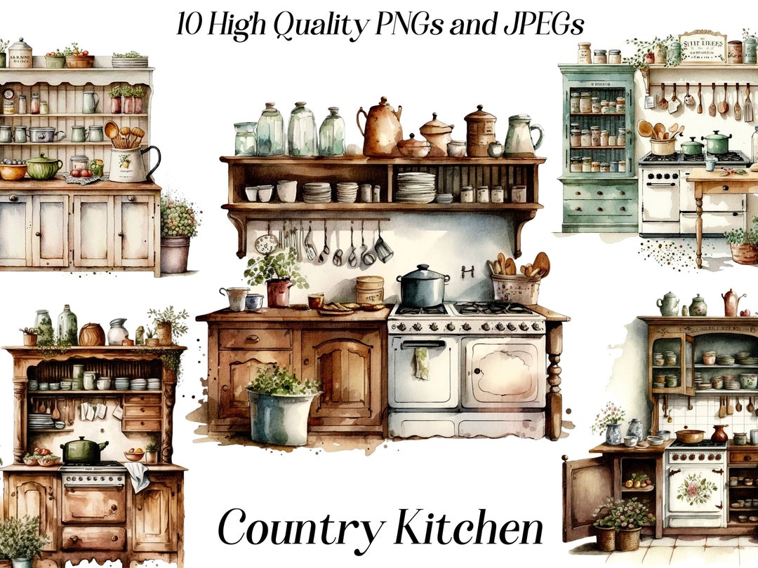 Watercolor Country Kitchen Clipart: Vintage Cottage Graphics ...