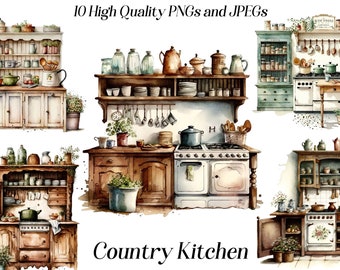 Watercolor Country Kitchen clipart, 10 High Quality JPEGs and PNGs, Rustic vintage cottage clipart, printable graphics, commercial licence