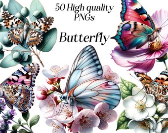 Watercolor Butterfly clipart, 50 High quality PNG files, Butterfly wall art, printable graphics, butterfly illustration, sublimation design