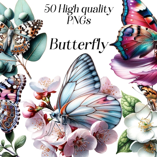 Watercolor Butterfly clipart, 50 High quality PNG files, Butterfly wall art, printable graphics, butterfly illustration, sublimation design